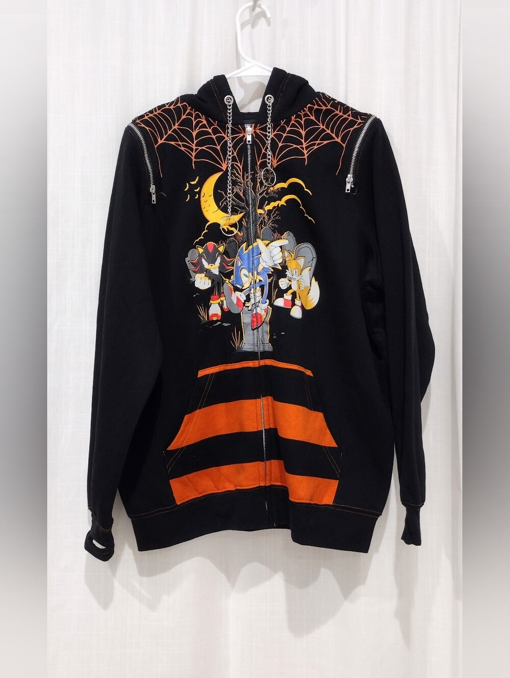 Men's Sz S  Sonic-Themed Black & Orange Halloween Zip Hoodie
